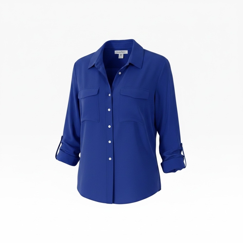 Tommy Bahama Women Royal Blue Button Down Roll Tab Sleeve Utility Shirt Medium